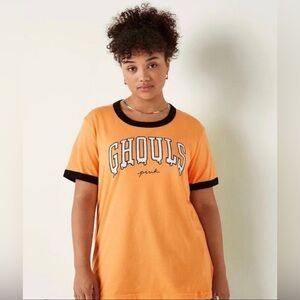 VS PINK SHORT SLEEVE RINGER CAMPUS TEE SHIRT ORANGE GLOW IN THE DARK GHOULS NWOT